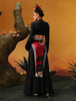 Frida Kahlo X  X Designer ISELACOS فستان بخط A ذو رقبة تقليب مطبوع بطبعات زهور مع حزام خصر كاشف وحاشية منسدلة، من تصميم مبتكر لمناسبات المهرجانات