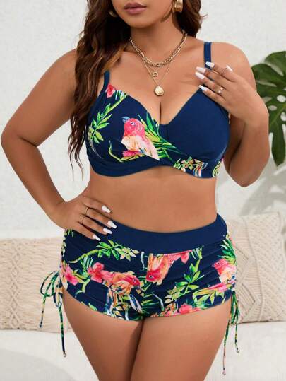 Swim Lushoire طقم بكيني بصدرية وشورت سباحة بطبعات ملونة من الأزهار والطيور مقاس كبير للصيف