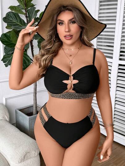 Swim SXY مجموعة بيكيني صيفية بتصميم فريد مزين بحلقات وشقوق للنساء بمقاس كبير
