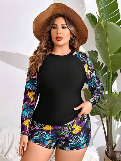 Swim Lushoire مجموعة ملابس السباحة العالية الخصر والقميص طويل الأكمام غير المحدود الحجم مطبوع بالأوراق الاستوائية