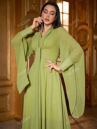 فستان وسط مُنسدل بأكمام واسعة لون سادة للنساء