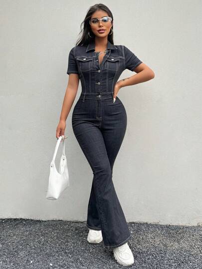 SHEIN SXY بدلة جينز نسائية سوداء ضيقة تصل إلى الأرض/الطول الكامل مع سروال فلير واسع وأكمام قصيرة ومرونة جنسية