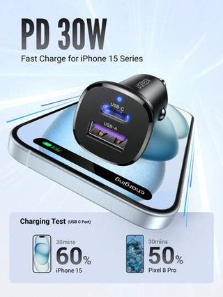 UGREEN شاحن سيارة من UGREEN قوة 30 واط من نوع C شاحن سريع متوافق مع هواتف 15 و 14 و 13 برو ماكس ، ومتوافق مع هواتف S25 و S24 و S23