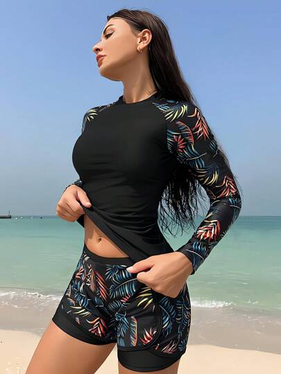 Swim Lushoire سترة الحماية من الشمس بأكمام راغلان وطبعة استوائية للشاطئ في الصيف
