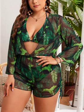 Swim Lushoire مجموعة بيكيني مطبوعة بأوراق الشاطئ ذات مقاس كبير لصيف مثالية للشاطئ وحمام السباحة، بمشد للغطاء العلوي، مناسبة للارتداء الشاطئي وحمام السباحة