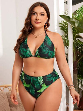 Swim Lushoire مجموعة بيكيني مطبوعة بأوراق الشاطئ ذات مقاس كبير لصيف مثالية للشاطئ وحمام السباحة، بمشد للغطاء العلوي، مناسبة للارتداء الشاطئي وحمام السباحة