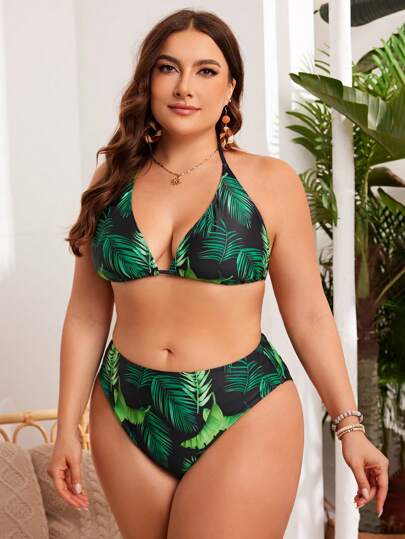 Swim Lushoire مجموعة بيكيني مطبوعة بأوراق الشاطئ ذات مقاس كبير لصيف مثالية للشاطئ وحمام السباحة، بمشد للغطاء العلوي، مناسبة للارتداء الشاطئي وحمام السباحة