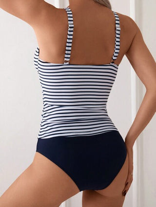 طقم تانكيني حريمي Swim Lushoire ملابس علوية صيفية نسائية بخطوط مائلة على الرقبة بياقة V مع مجموعة قيعان سباحة بألوان صلبة لقضاء العطلة
