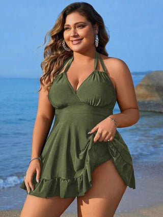Swim Lushoire مجموعة تانكيني كبيرة الحجم مع ربطة حول الرقبة ولون صلب مناسب لحمامات السباحة في الصيف