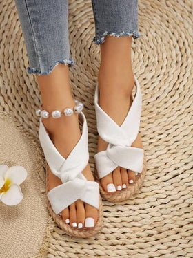 صنادل نسائية خفيفة للخارج مع شريط متقاطع مجدول من القماش