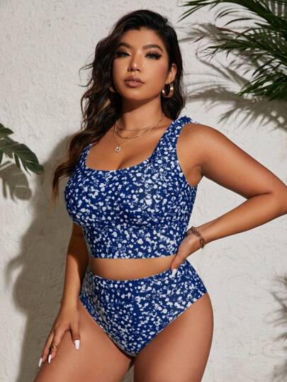 طقم تانكيني حريمي Swim Lushoire طقم تانكيني بطباعة زهور لصيفية بحجم كبير، مناسب للارتداء في حمام السباحة