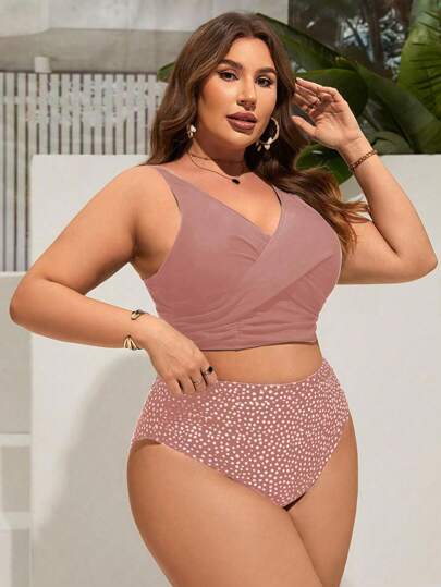 Swim Lushoire مجموعة نسائية بحجم زائد، ملابس علوية عابرة بلون سادة وحمالات متقاطعة مع قاع بيكيني بنقاط بولكا وان gathered لأسفل مناسبة للعطلات والشاطئ الصيفي