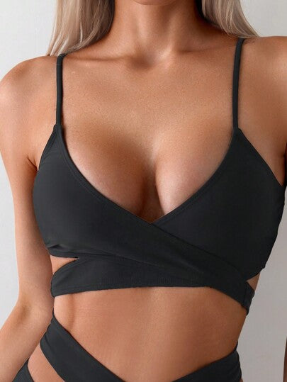 Swim Basics مجموعة بكيني بحزام رفيع أحادي اللون مع ظهر مربوط بأشرطة منفصلة، مجموعة بكيني بحزام رفيع مع ملابس علوية مثلث بأشرطة متقاطعة، مناسبة للارتداء في الشاطئ والمسبح، الصيف، العطلات