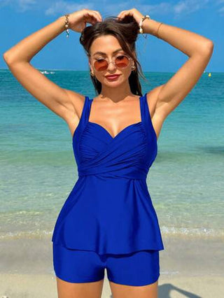 طقم تانكيني حريمي Swim طقم ملابس سباحة للنساء من الأعلى والشورت باللون الأحادي، ذو طي وتقاطع، مناسب للشاطئ والمسبح، صيف