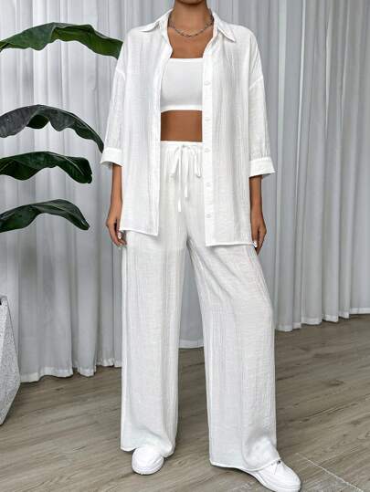 طقم حريمي قطعتين EZwear مجموعة بنطلونات نسائية بسيطة بلون موحد للاستخدام اليومي، خط البنطلون مبطن - مجموعة مكونة من قطعتين