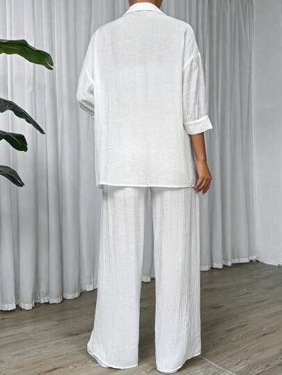 طقم حريمي قطعتين EZwear مجموعة بنطلونات نسائية بسيطة بلون موحد للاستخدام اليومي، خط البنطلون مبطن - مجموعة مكونة من قطعتين