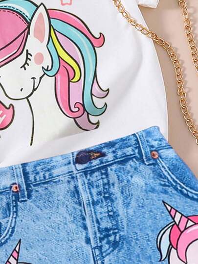 girls sets تي شيرت بأكمام قصيرة وتنورة بطبعة جينز بتأثير الحصان الوحشي المطبوع لفتيات الكبار مناسبين للجنسين.