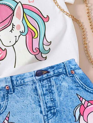 girls sets تي شيرت بأكمام قصيرة وتنورة بطبعة جينز بتأثير الحصان الوحشي المطبوع لفتيات الكبار مناسبين للجنسين.