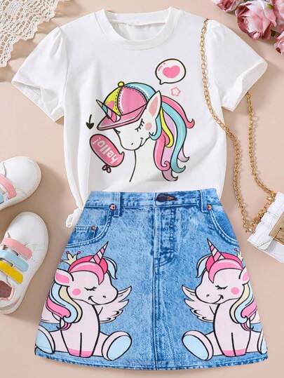 girls sets تي شيرت بأكمام قصيرة وتنورة بطبعة جينز بتأثير الحصان الوحشي المطبوع لفتيات الكبار مناسبين للجنسين.