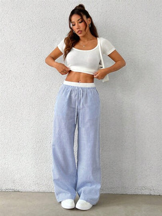 EZwear سروال نسائي بأرجل واسعة وقصة فضفاضة بخطوط زرقاء متعددة الألوان العارية