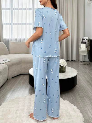 Shein Underwear&Sleepwear Maternity بيجاما حمل بأكمام قصيرة للإرضاع بطبعة الأزهار وبنطلون طويل