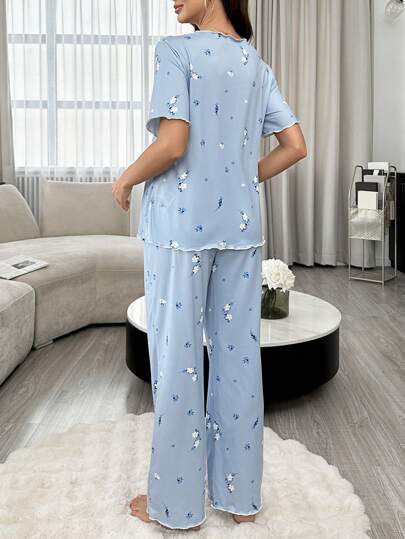 Shein Underwear&Sleepwear Maternity بيجاما حمل بأكمام قصيرة للإرضاع بطبعة الأزهار وبنطلون طويل