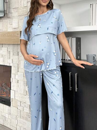 Shein Underwear&Sleepwear Maternity بيجاما حمل بأكمام قصيرة للإرضاع بطبعة الأزهار وبنطلون طويل