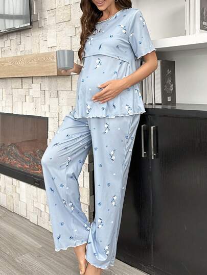 Shein Underwear&Sleepwear Maternity بيجاما حمل بأكمام قصيرة للإرضاع بطبعة الأزهار وبنطلون طويل