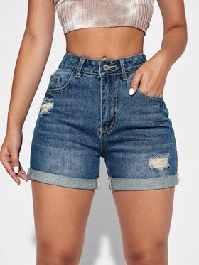 SHEIN Essnce شورت جينز نسائي عصري ذو خصر عالي وتصميم ضيق مع تفاصيل ممزقة