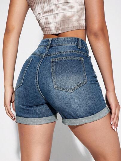 SHEIN Essnce شورت جينز نسائي عصري ذو خصر عالي وتصميم ضيق مع تفاصيل ممزقة