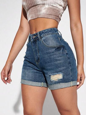 SHEIN Essnce شورت جينز نسائي عصري ذو خصر عالي وتصميم ضيق مع تفاصيل ممزقة