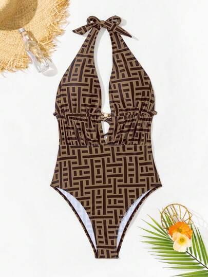 SHEIN Swim المايوه من قطعة واحدة ، طباعة عشوائية ، ملابس الاستحمام الشاطئية لفصل الصيف