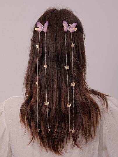 مشابك شعر معدنية بتصميم فراشات مرصعة بالحجارة 2 قطعة لتزيين الشعر اليومي للفتيات.
