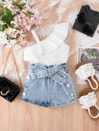 SHEIN مجموعة ملابس علوية راقصة أنيقة وردية للأطفال الرضع على الطراز الشارعي بلون صلب و طوق بساط بدنيم، الصيف