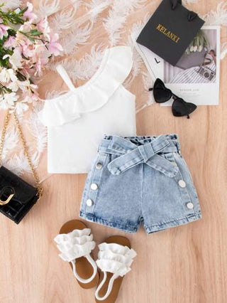 SHEIN مجموعة ملابس علوية راقصة أنيقة وردية للأطفال الرضع على الطراز الشارعي بلون صلب و طوق بساط بدنيم، الصيف