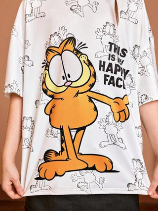 ملابس بناتي GARFIELD X  تي شيرت أبيض فضفاض بأكمام قصيرة مطبوع عليه رسوم كرتونية، فضفاض بياقة دائرية ، ملابس صيفية كاجوال للبنات المراهقات