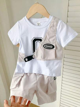 SHEIN Playful Pals رمضان طقم تي شيرت تي شيرت، وسترة وشورت أنيق للربيع / الصيف لطفل صبي عارض الأزياء الشارع العادي