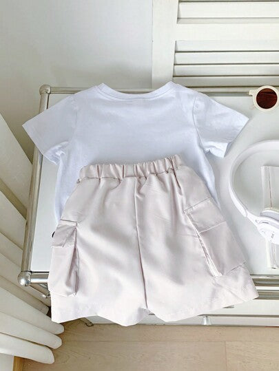 SHEIN Playful Pals رمضان طقم تي شيرت تي شيرت، وسترة وشورت أنيق للربيع / الصيف لطفل صبي عارض الأزياء الشارع العادي