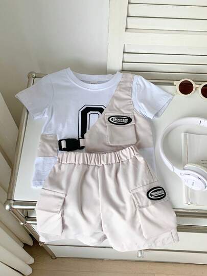 SHEIN Playful Pals رمضان طقم تي شيرت تي شيرت، وسترة وشورت أنيق للربيع / الصيف لطفل صبي عارض الأزياء الشارع العادي