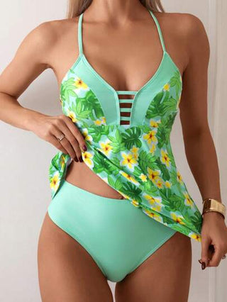 طقم تانكيني حريمي Swim ملابس علوية تانكيني نمط عطلة مطبوعة للنساء مع شورت سباحة قصير سادة، شاطئ الصيف