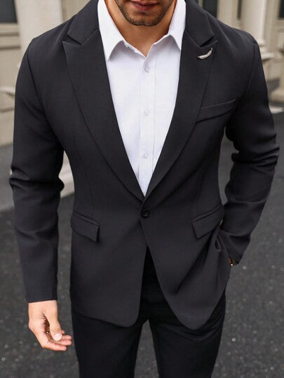 Manfinity Mode جاكيت بدلة رجالي بأزرار بلون سادة بأكمام طويلة، مناسب لفصلي الربيع والصيف
