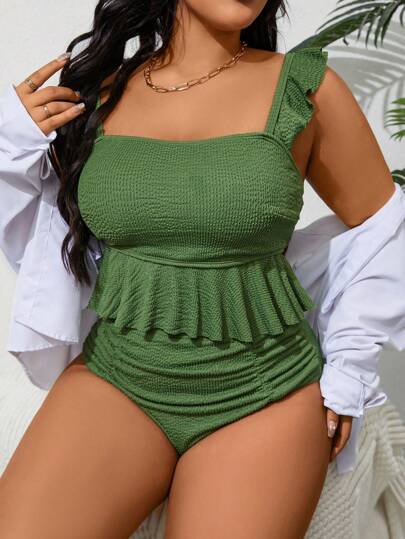 Swim Lushoire مجموعة بيكيني بحافة مكشكشة ولون سادة مناسبة للنساء بحجم زائد للصيف والشاطئ والإرتداء اليومي