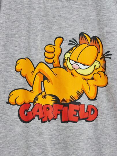 GARFIELD | SHEIN بيجاما مجموعة قصيرة الأكمام والشورت بطابع كرتوني لفتى المراهق، صيفية