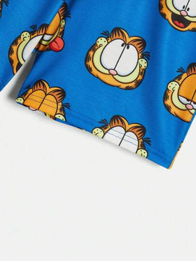 GARFIELD | SHEIN بيجاما مجموعة قصيرة الأكمام والشورت بطابع كرتوني لفتى المراهق، صيفية