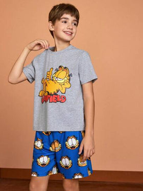 GARFIELD | SHEIN بيجاما مجموعة قصيرة الأكمام والشورت بطابع كرتوني لفتى المراهق، صيفية