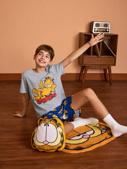 GARFIELD | SHEIN بيجاما مجموعة قصيرة الأكمام والشورت بطابع كرتوني لفتى المراهق، صيفية