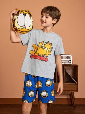 GARFIELD | SHEIN بيجاما مجموعة قصيرة الأكمام والشورت بطابع كرتوني لفتى المراهق، صيفية