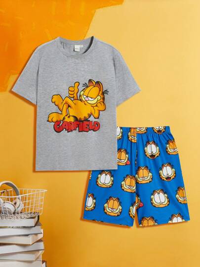 GARFIELD | SHEIN بيجاما مجموعة قصيرة الأكمام والشورت بطابع كرتوني لفتى المراهق، صيفية