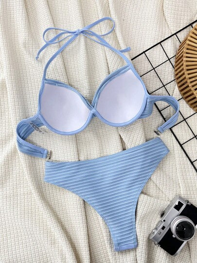 Swim Vcay مجموعة بكيني للنساء ذات لون أزرق صلب، ذو ربطة عنق مربوطة للأعلى، مع حمالة دفع للأعلى ومقاس عالى، مناسب للاستخدام في صيف عطلات الشاطئ