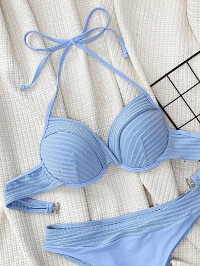 Swim Vcay مجموعة بكيني للنساء ذات لون أزرق صلب، ذو ربطة عنق مربوطة للأعلى، مع حمالة دفع للأعلى ومقاس عالى، مناسب للاستخدام في صيف عطلات الشاطئ